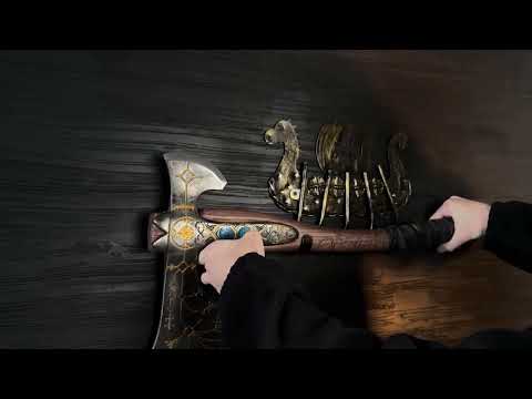 kratos-gold-4 - Wall mount holder - Hand-forged Leviathan axe with leather wrap 
