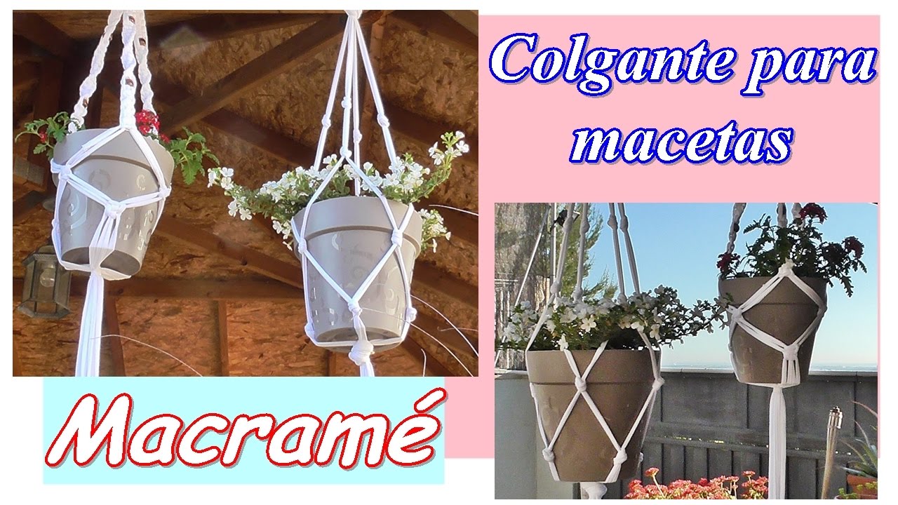 Soporte colgante de macramé para macetas hecho de trapillo