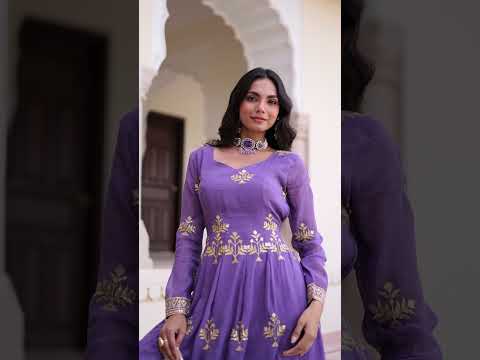 Lavender Crunchy Sequins Embroidered Gown Set with Full Sleeves, 3-Meter Flair, Designer Dupatta & Matching Bottom – Fully Stitched Party Wear Ensemble for Women