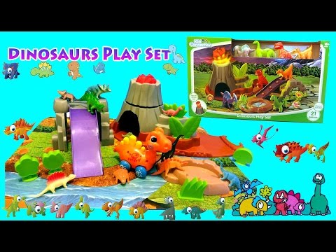 Super Fun Dinosaurs Playset with Dino Slide Volcano T-Rex Triceratops Stegosaurus Brontosaurus