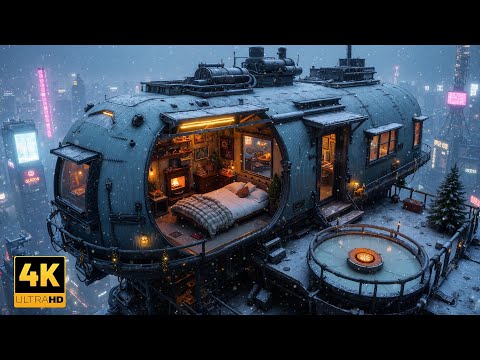 Cyberpunk Lofi – Snowy Sky Cabin Above Neon City – Chill Beats for Study, Focus & Sleep | 4K