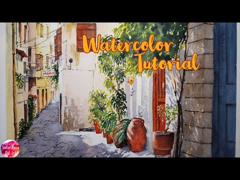 Watercolor painting of Greece alley scene, light & shadow, easy tutorial for beginners