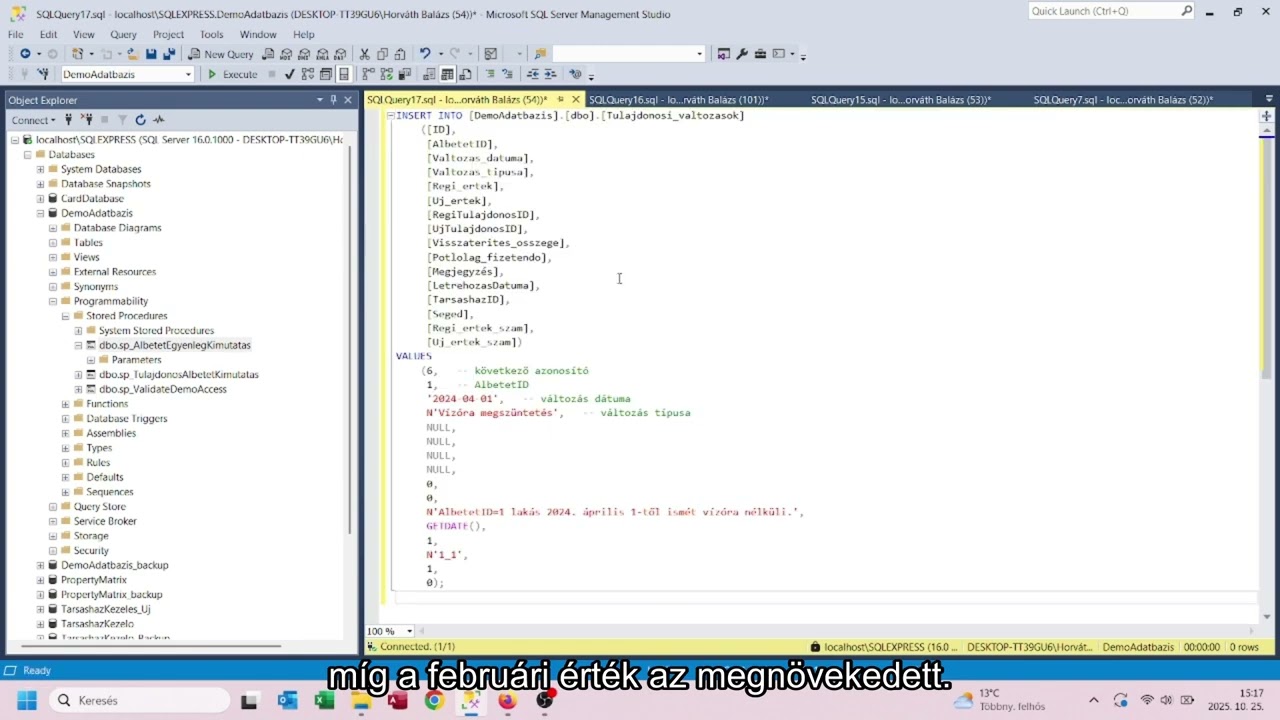 Társasházi folyószámla lekérdező rendszer demo adatbázisának bemutatása