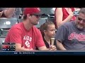 CIN CLE Fan Retrieves Bat That Flies Into The Stands