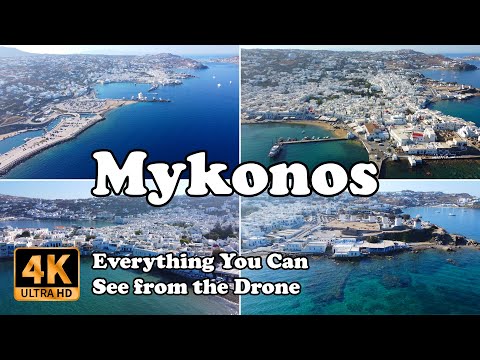 Mykonos Greece Town Chora Μύκονος from Drone footage view in 4K