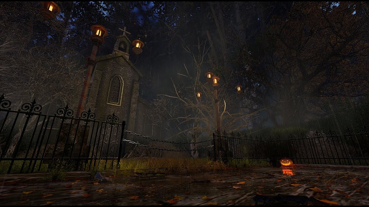 Halloween Ambience 🎃👻 Night In Abandoned Haunted Cemetery, Spooky Atmosphere & Occasional Rain
