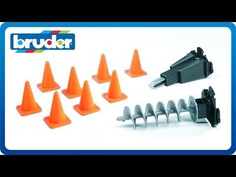 Bruder Toys Accessories Mini Excavators, Hyrolic Hammer, Auger, Pylons #02408