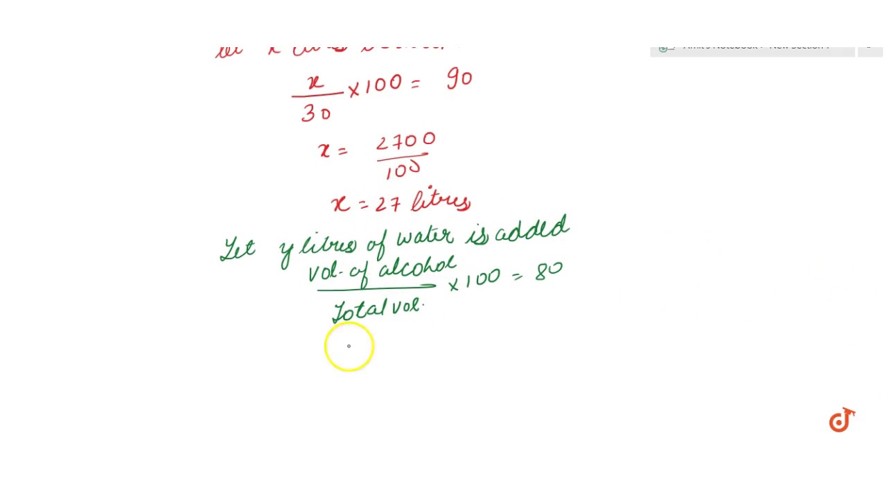 Watch video in 30 litres of a solution 90% is alcohol then how much water needs to b added to make it 80%. Now in 30 litres of a solution 90% is alcohol then how much water needs to b added to make it 80%.