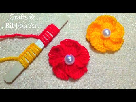 Easy Woolen Craft Ideas with Ice Cream Stick - Hand Embroidery Amazing Trick - Woolen Flower Making