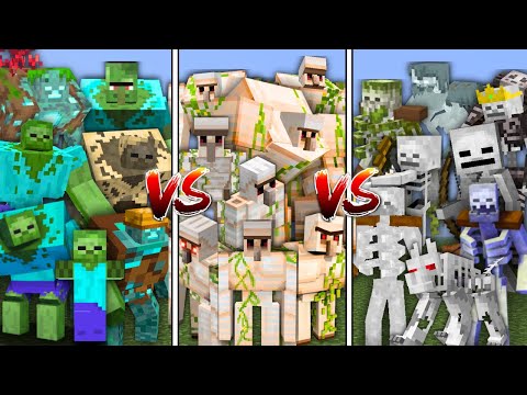 ALL ZOMBIES vs ALL SKELETONS vs ALL IRON GOLEMS in Minecraft Mob Battle