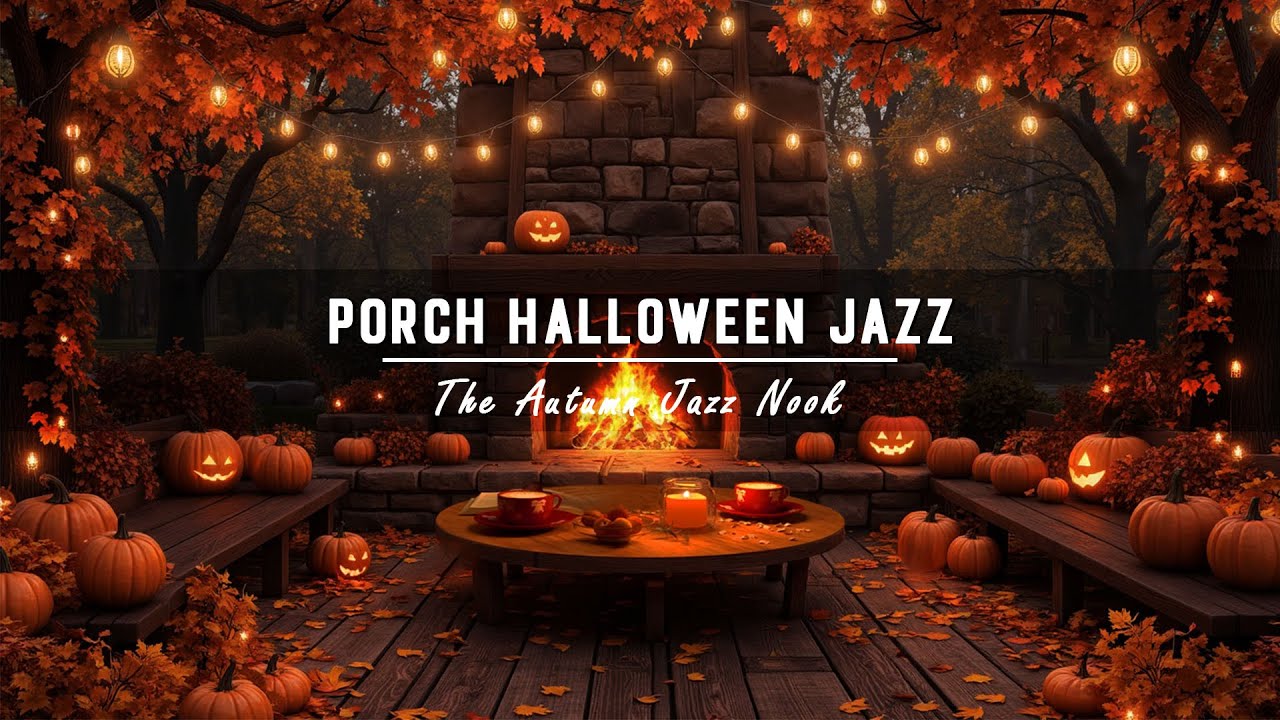 Autumn Porch Vibes 🍂 | Relaxing Jazz & Cozy Fire Sounds for a Magical Halloween Evening 🎃