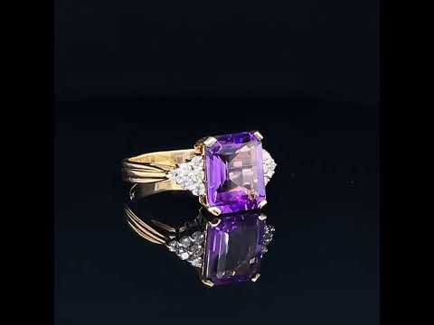 Emerald Cut Amethyst & Diamond Cluster Cocktail Ring in 14k Yellow Gold
