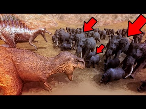 T-REX & SPINO VS 100 ELEPHANTS & RHINOS, EPIC DINOSAUR BEAST BATTLE- Beast Battle Simulator Gameplay
