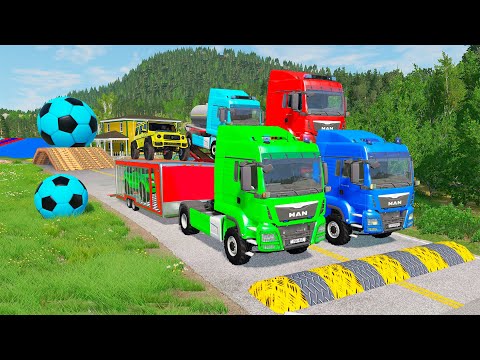 Double Flatbed Trailer Truck vs Speedbumps Train vs Cars | Tractor vs Train Beamng.Drive 076