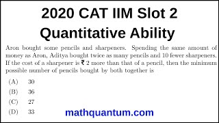 Question 20 2020 CAT IIM Quantitative Ability Slot 2 Aron bought some pencils and sharpeners