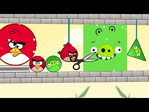 Angry Birds Pigs Out vs Kick Out Green Pigs - ROUND BIRD CUT ROPE TO KICK SQUARE AND TRIANGLE PIGS!