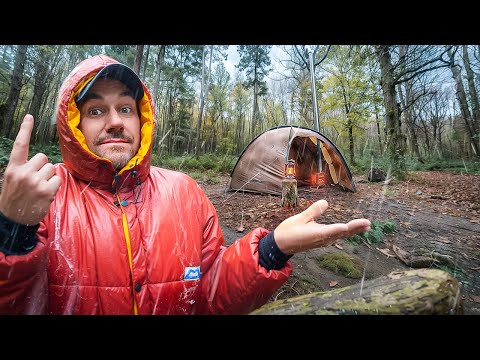 Hot tent camping in HEAVY RAIN with my dog