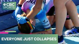 exhausted athletes cross finish line