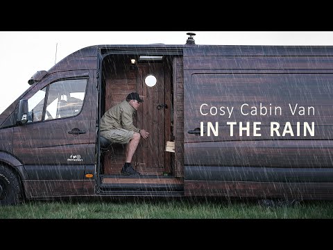 SOLO Van Camping in the RAIN [ Interesting Cabin Van with a Fireplace | Cozy Van Life ASMR ]
