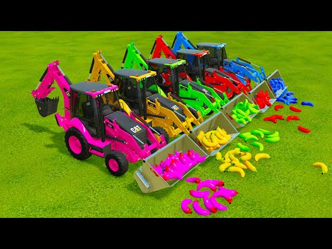 LOAD & TRANSPORT BANANAS WITH CAT BACKHOE LOADERS & JOHN DEERE TRACTORS - Farming Simulator 22