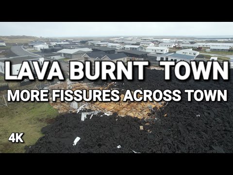Grindavik: Here lava flooded the town. Fissures across entire town! Iceland Drone. 4K