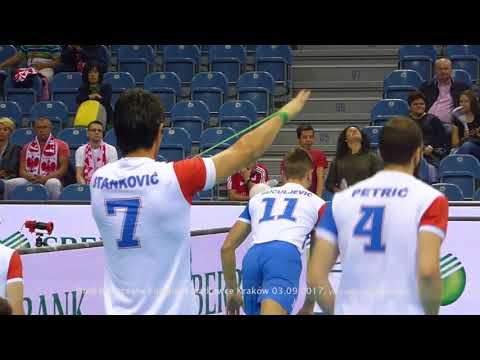 Rozgrzewka Serbia - Belgia. Mistrzostwa Europy siatkówka 2017. Mecz o brązowy medal. Kraków.