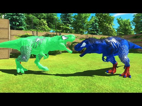 BLUE SPIDERMAN T-REX vs GREEN SPIDERMAN T-REX DEATH RUN - Animal Revolt Battle Simulator | ARBS