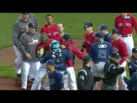 TB@BOS: Benches clear after Carp is hit by pitch