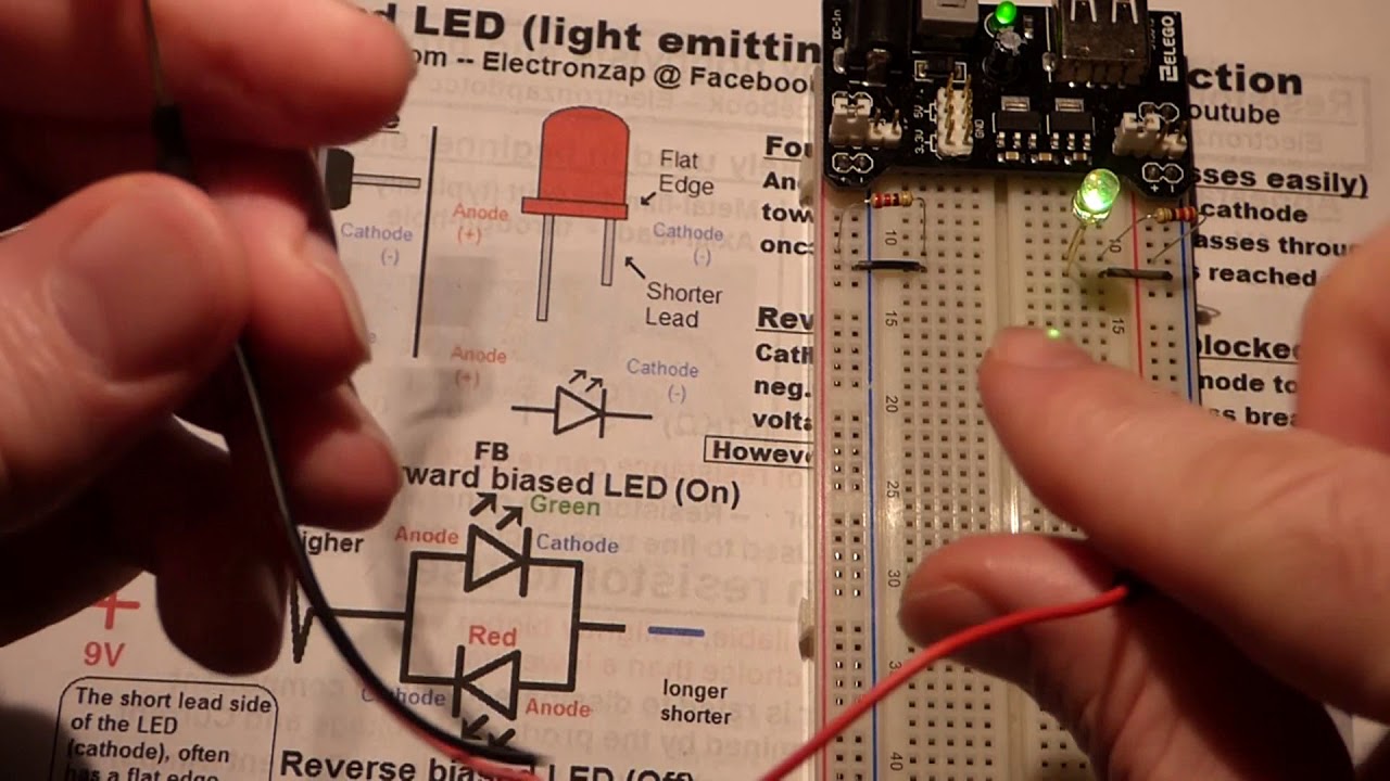 Electronics male to female jumper wire demonstrated on breadboard by electronzap