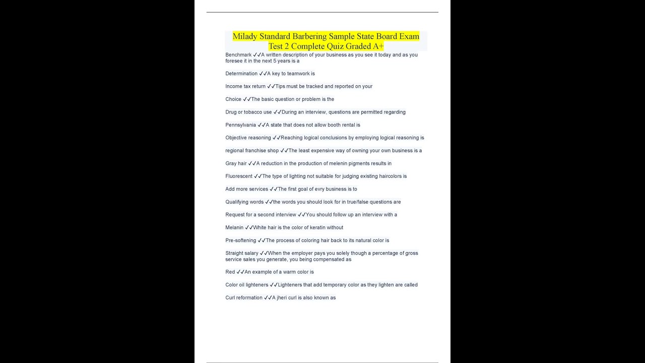 Milady Standard Barbering Sample State Board Exam Test 2 Complete Quiz Graded A+