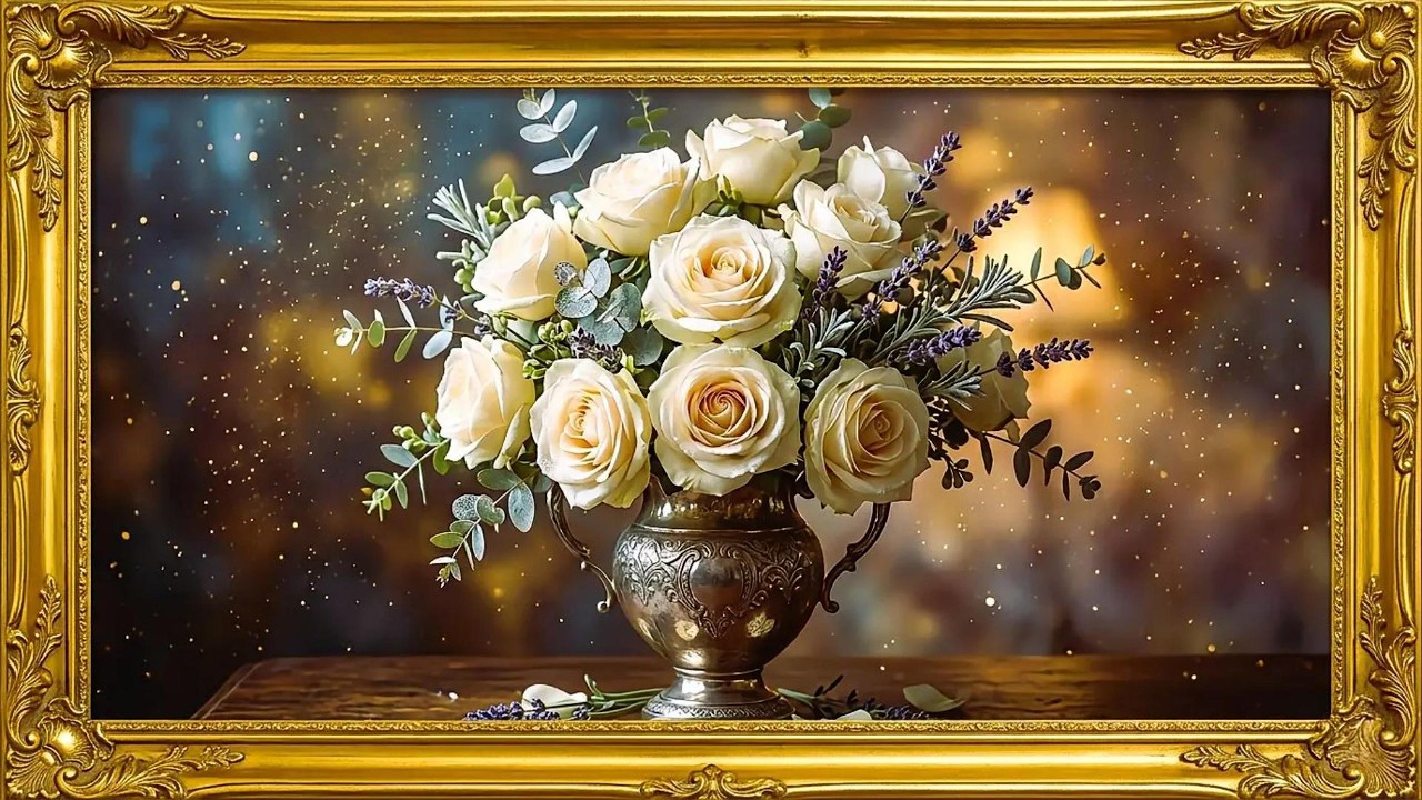 SPECIAL! White ROSEs Elegantly in Antique Silver Vase | Gold Frame TV Art Screensaver
