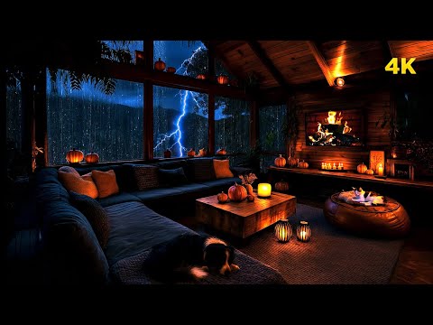 Autumn Thunderstorm in a Cozy Cabin 🌩️ Rain on Windows, Fireplace Crackle & Sleeping Pets Ambience