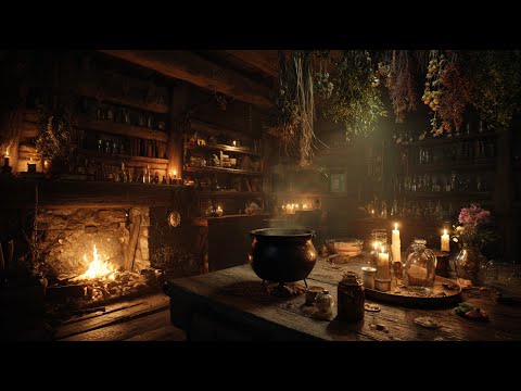 Inside the Witch’s Apothecary | Halloween Dark Fantasy | Rain, Fire, and Coudron Ambience (3 Hours)
