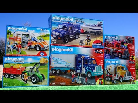 مجموعة ألعاب جرّار، شاحنة الإطفاء، سيارة الشرطة، سيارة الإسعاف من Playmobil