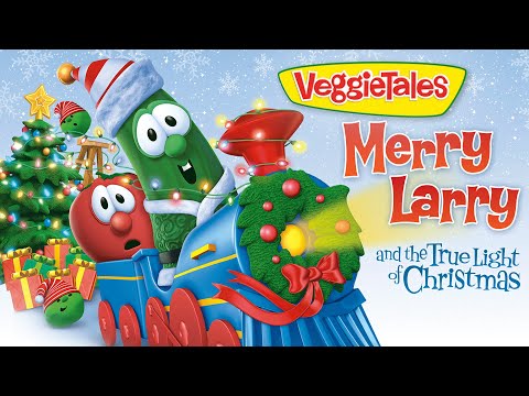 VeggieTales Christmas scene with a colorful train, characters in festive hats, and presents under a snowflake sky, title Merry Larry and the True Light of Christmas.