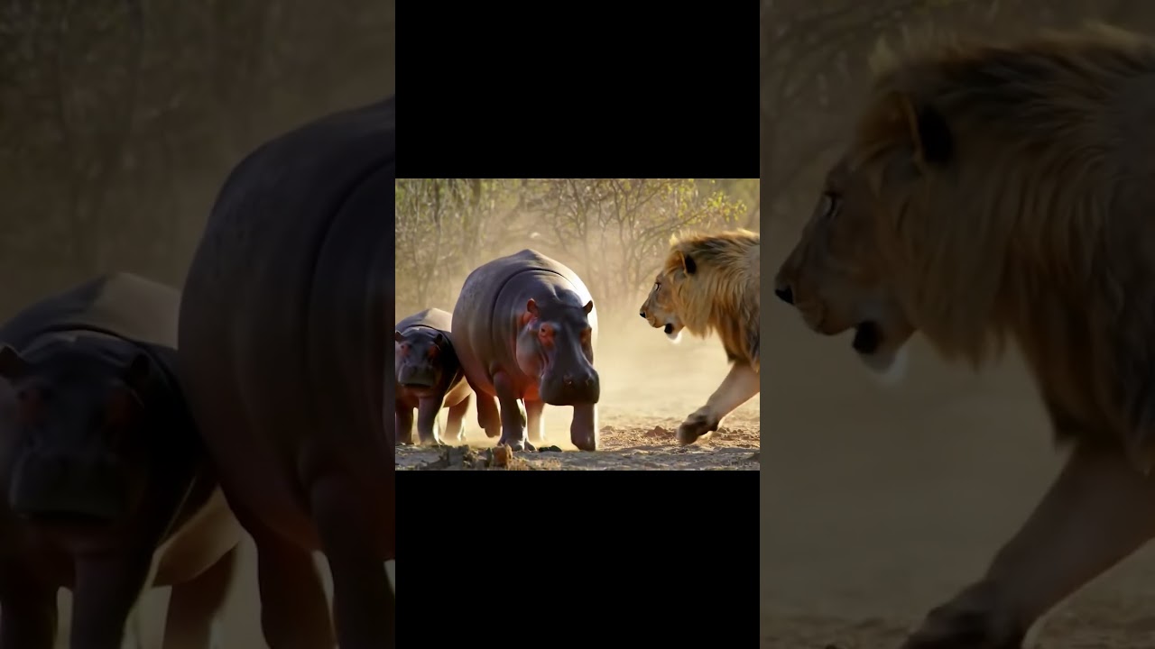 The hippo mother scolds the lion