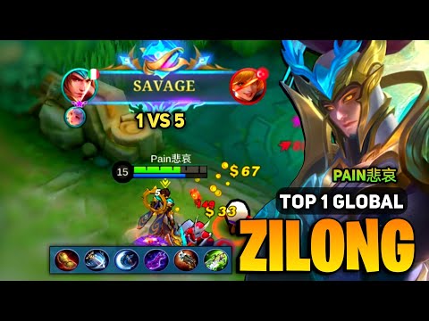 SAVAGE 1 Vs 5 ! Zilong King Gameplay [ Zilong Best Build Top 1 Global ] By Pain悲哀 - Mobile Legends