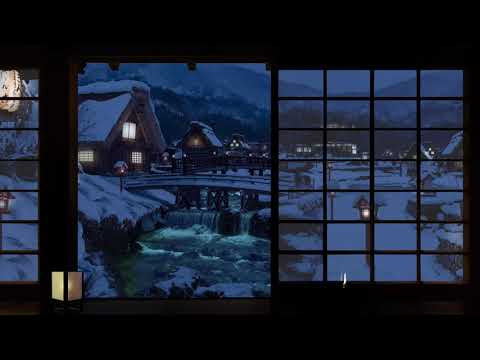 Sleepy River Sounds In a Snowy Japanese Village w Faraway Flute Playing Softly | Sleep, Study, Relax