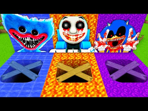 CHOOSE THE RIGHT ROUND PIT HUGGY WUGGY THOMAS TANK ENGINE EXE SONIC EXE IN MINECRAFT DARK DECEPTION