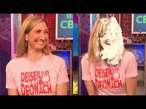 Female Presenter Joy Dunlop Pied in the Face