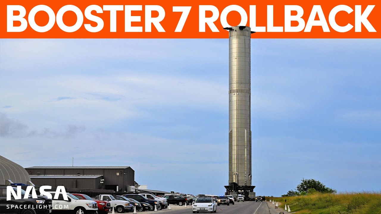 Booster 7 Rolls Back for Center Raptor Engine Installation | SpaceX Boca Chica