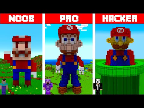 Minecraft MARIO STATUE BUILD CHALLENGE - NOOB vs PRO vs HACKER / Animation