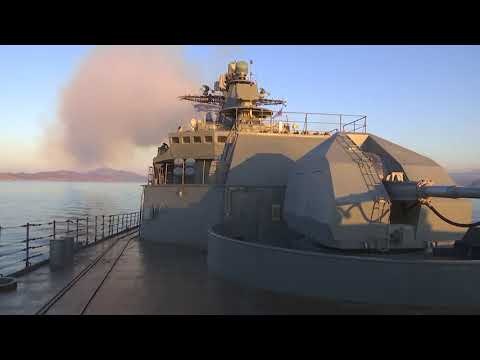 Combat firing of the frigate Marshal Shaposhnikov in the waters of the Sea of Japan.