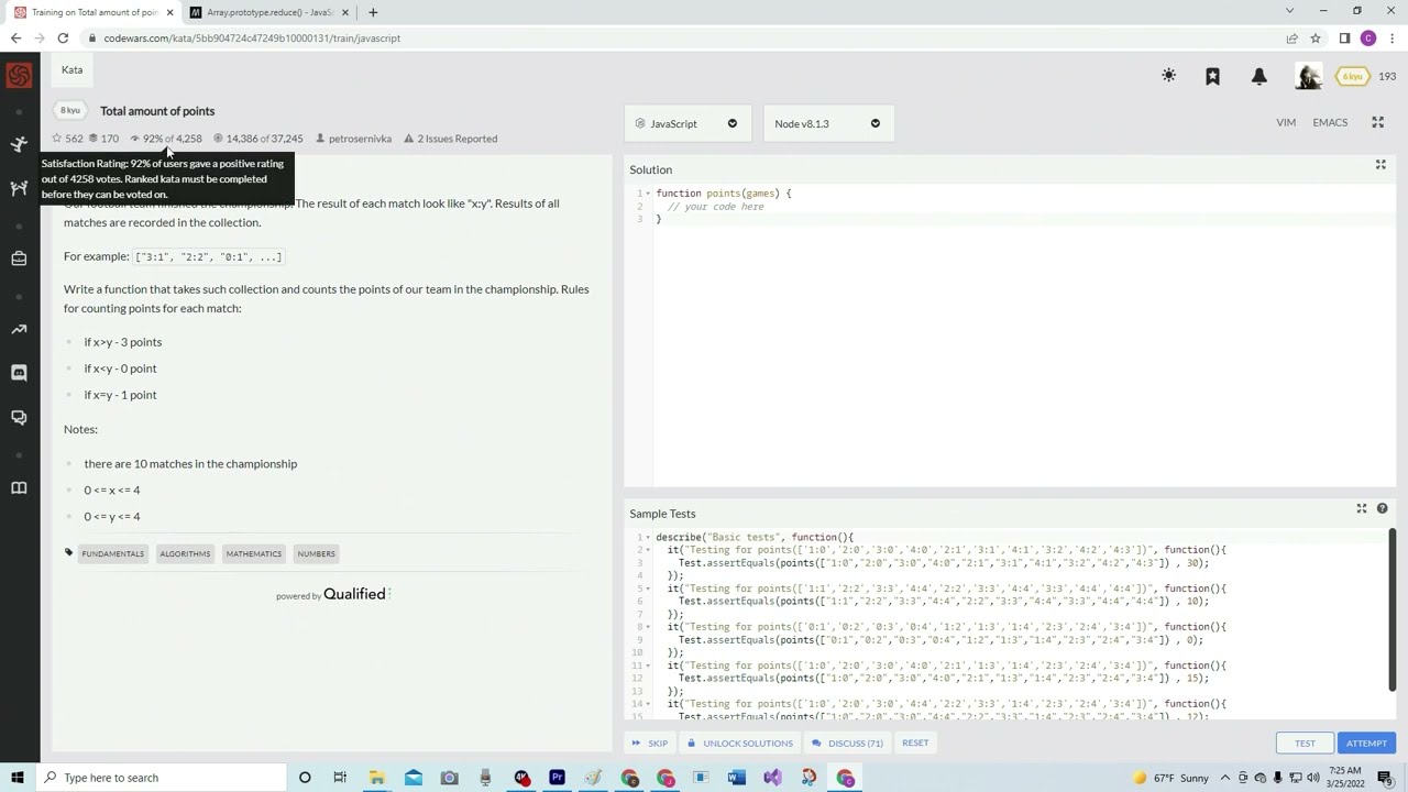 (Archived) Codewars 8 kyu Total Amount of Points JavaScript