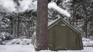 Hot tent Camping In SNOW STORM With INFLATABLE TENT