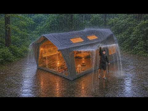 24 Hours Camping in Heavy Rain with My Dog . 3-Room Inflatable Tent . Sound of Rain ASMR