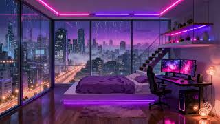 Neon Skyline Bedroom 🌙 Chill Lofi Beats & Cozy Night Setup | 4K