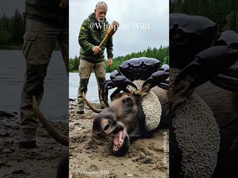 Moose Rescue Drama Man Smash Giant Crab Attacker 거대한 알을 품은 검은게가 숫사슴을 노린다! #animals #animalrescue