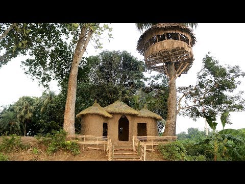 Build An Amazing Primitive Mud House Attaching 3 Tiled Roof Hut - Making Round Hut Under Tree House