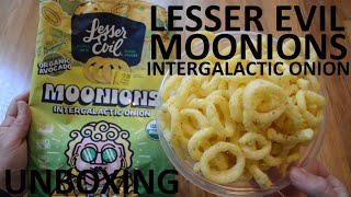 Unboxing Lesser Evil Moonions Intergalactic Onion Crunchy Corn Rings